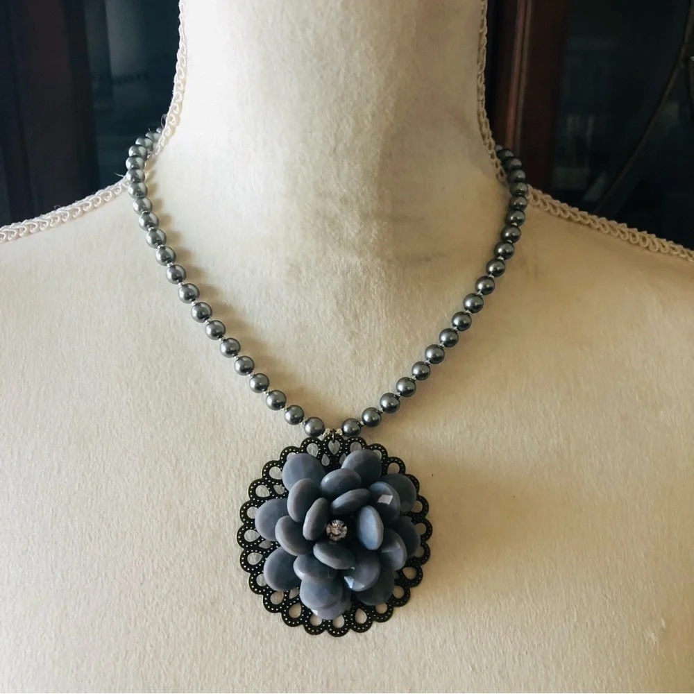 Handcrafted repurpose faceted floral pendant Czech glass Pearl necklace